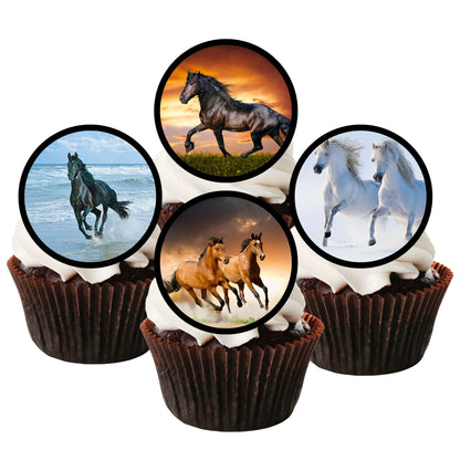 four frosted cupcakes with edible rice paper toppers featuring horse pictures