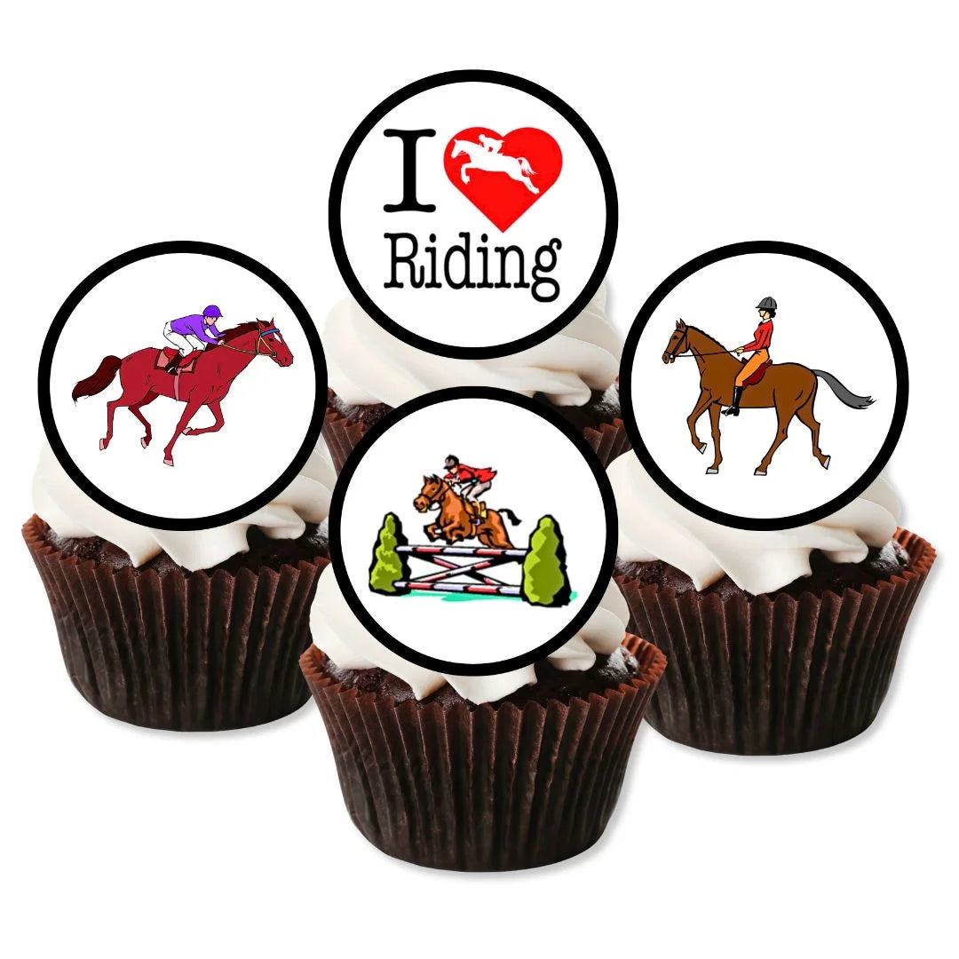 Horse Riding Edible Cupcake Toppers on white frosted cupcakes