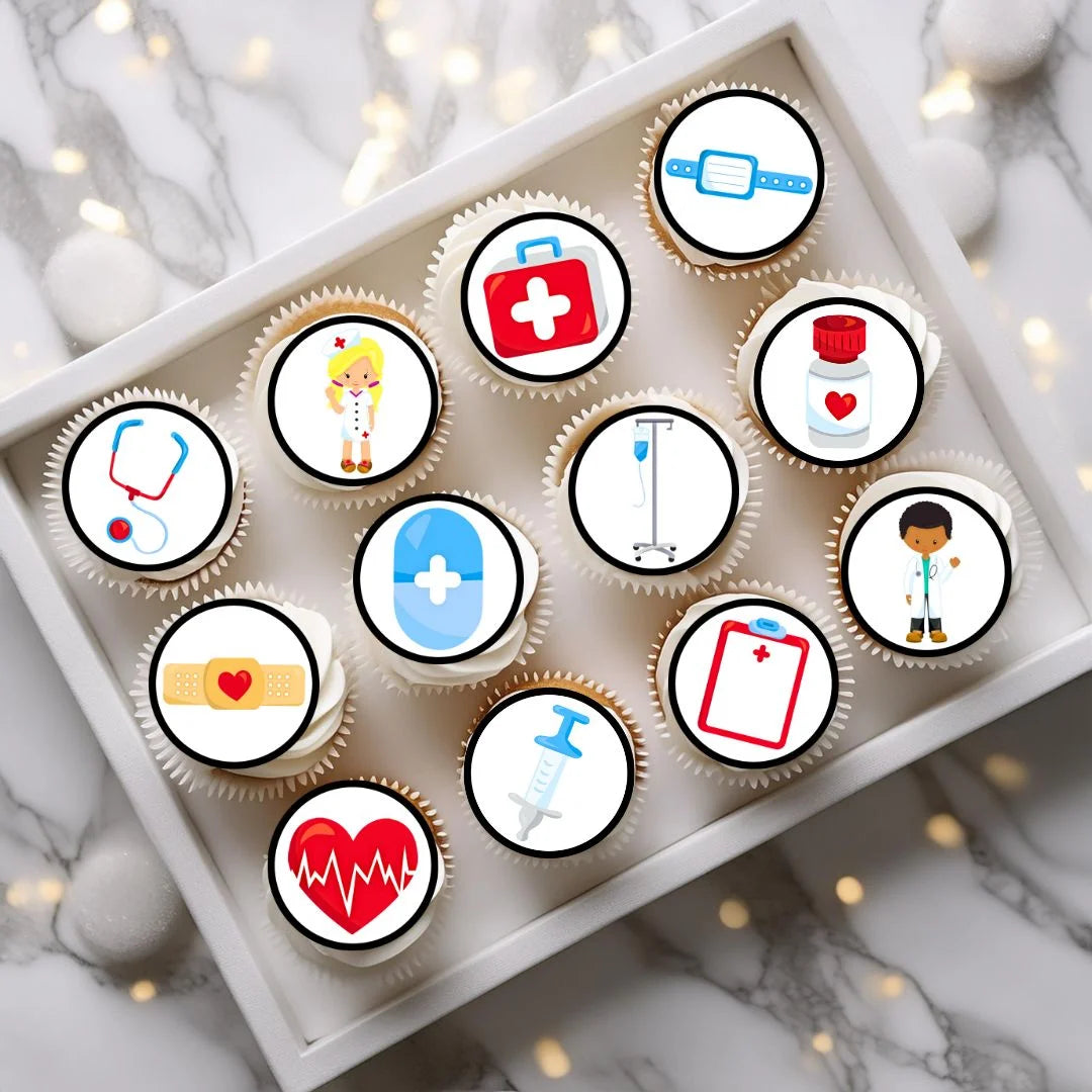 top view of  Hospital Theme Edible Cupcake Toppers on white frosted cupcakes 