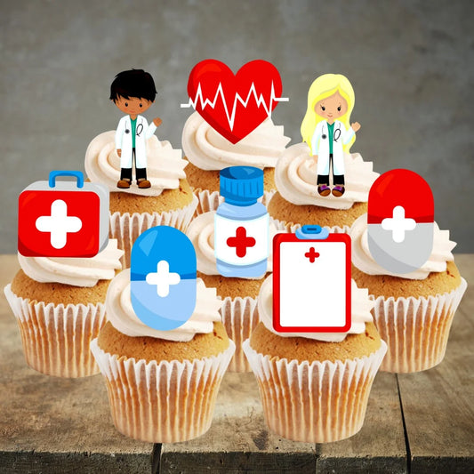 Hospital Theme Shaped Edible Cupcake Toppers on white frosted cupcakes