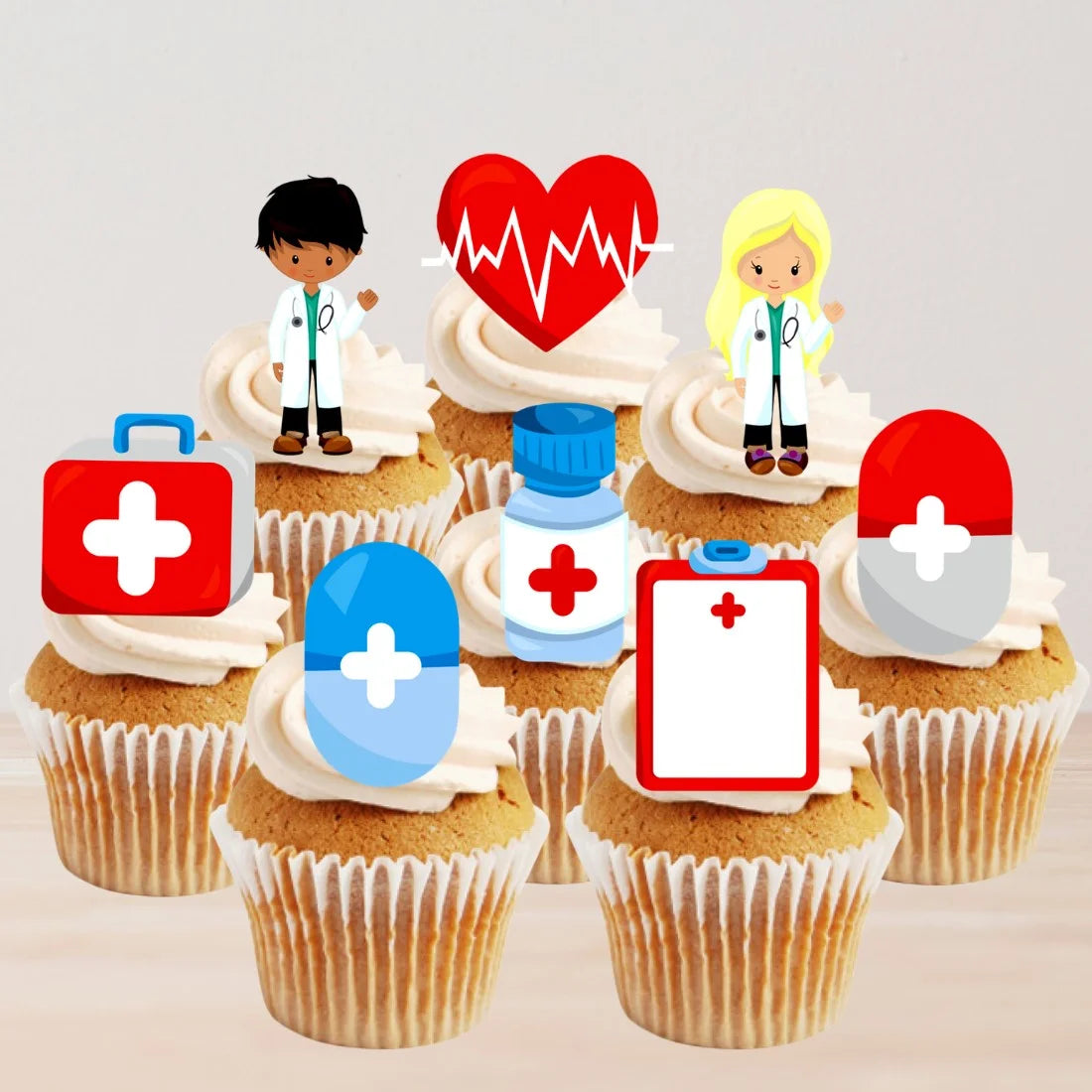 Hospital Theme Shaped Edible Cupcake Toppers on white frosted cupcakes