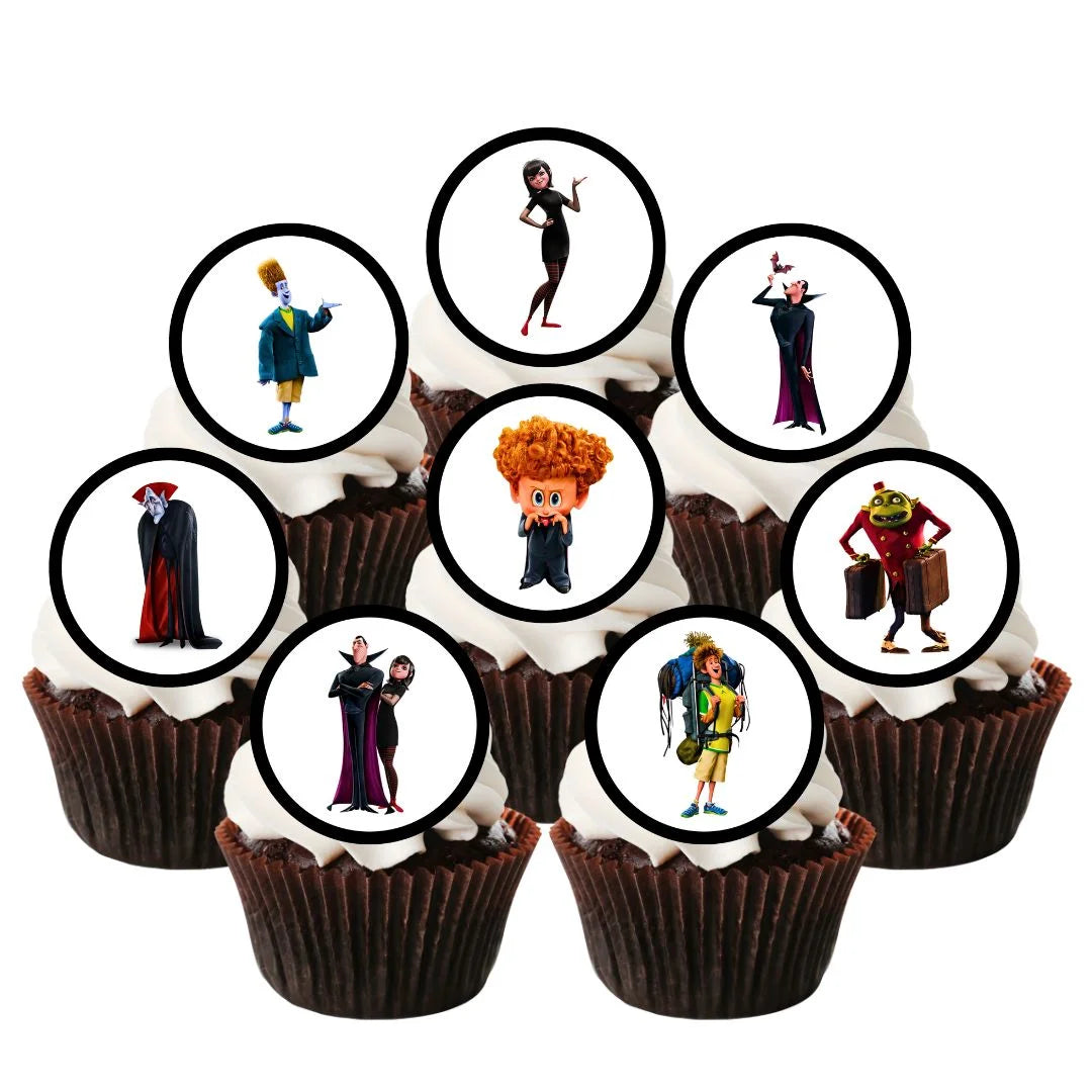 Hotel Transylvania Edible Cupcake Toppers on chocolate cupcakes with white frosting 