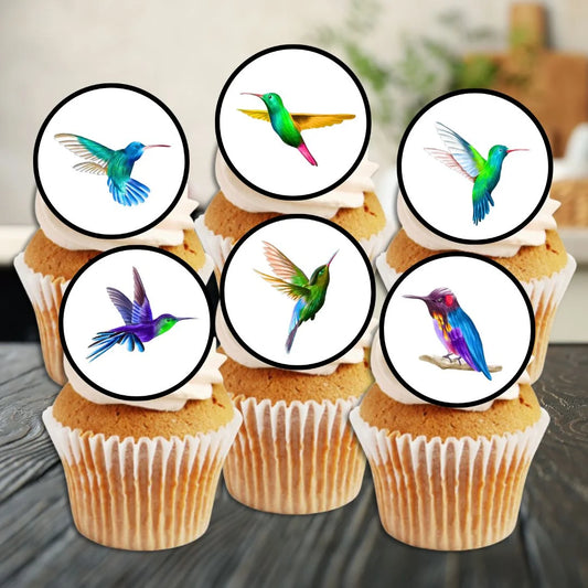 hummingbird edible cupcake toppers on frosted cupcakes