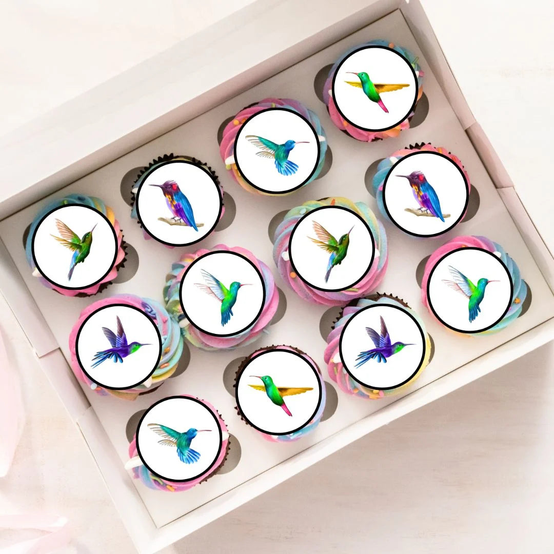 hummingbird edible cupcake toppers on frosted cupcakes