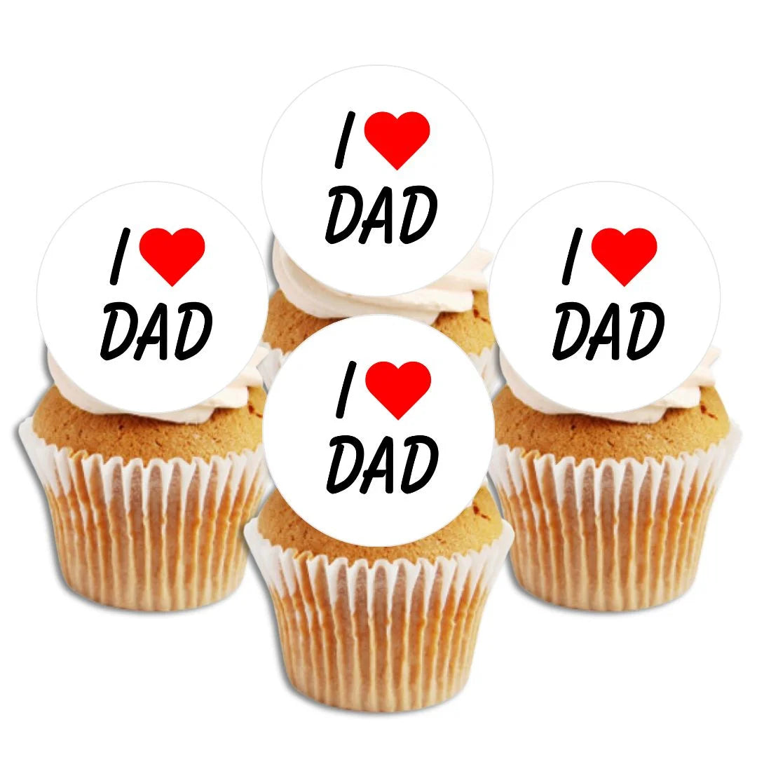 I Love My Dad Father's Day Cupcake Toppers on white frosted cupcakes