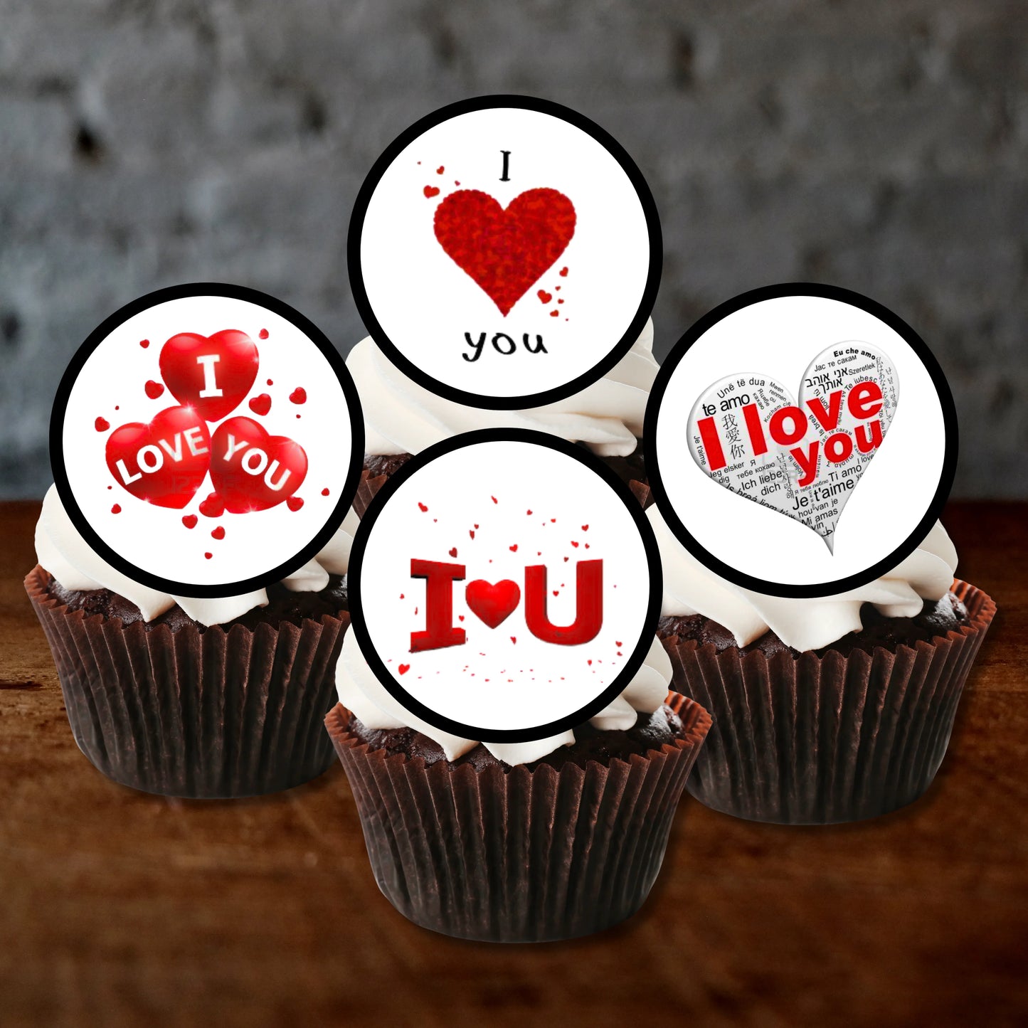 I Love You Edible Cupcake Toppers on chocolate cupcakes with white frosting 