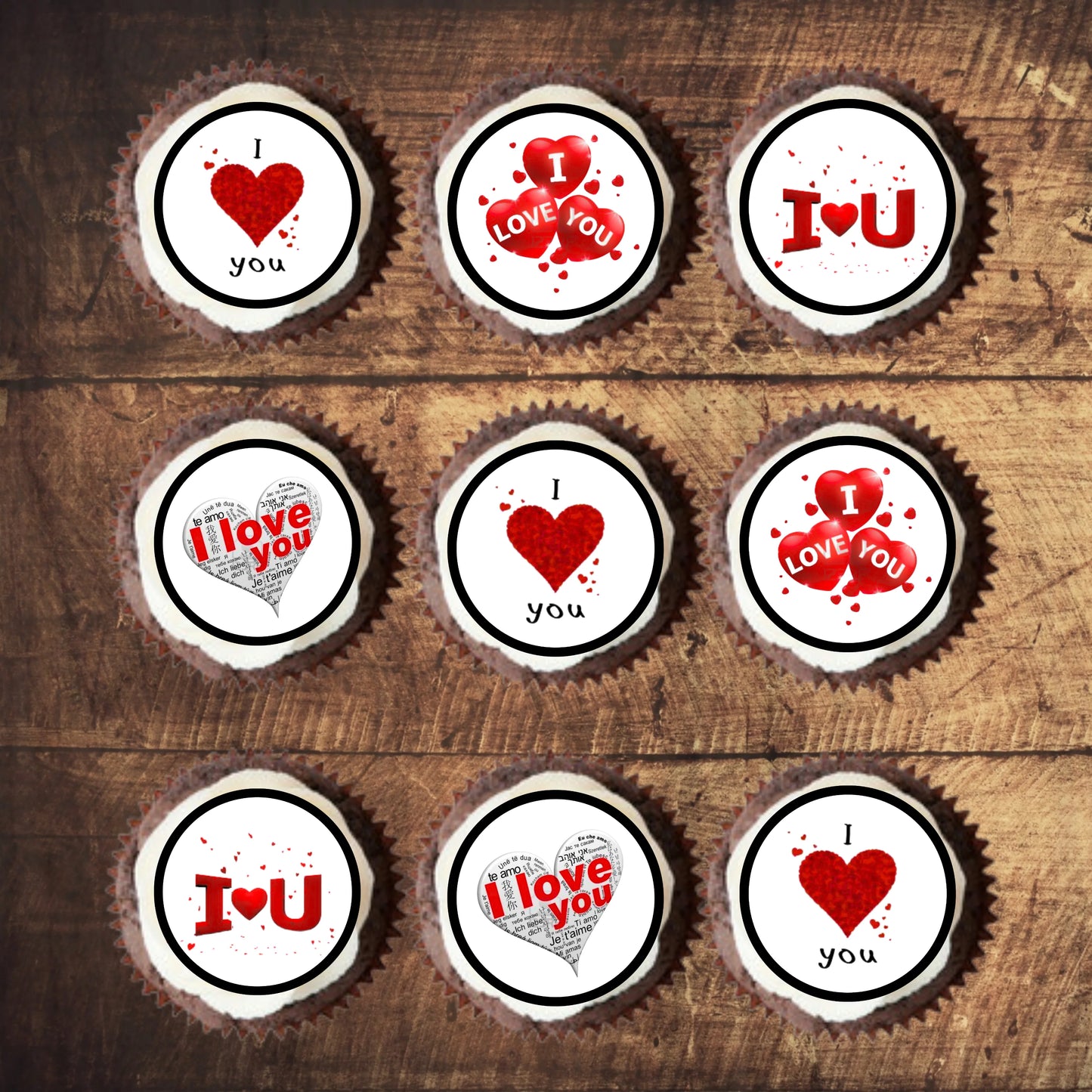 I Love You Edible Cupcake Toppers on chocolate cupcakes with white frosting 