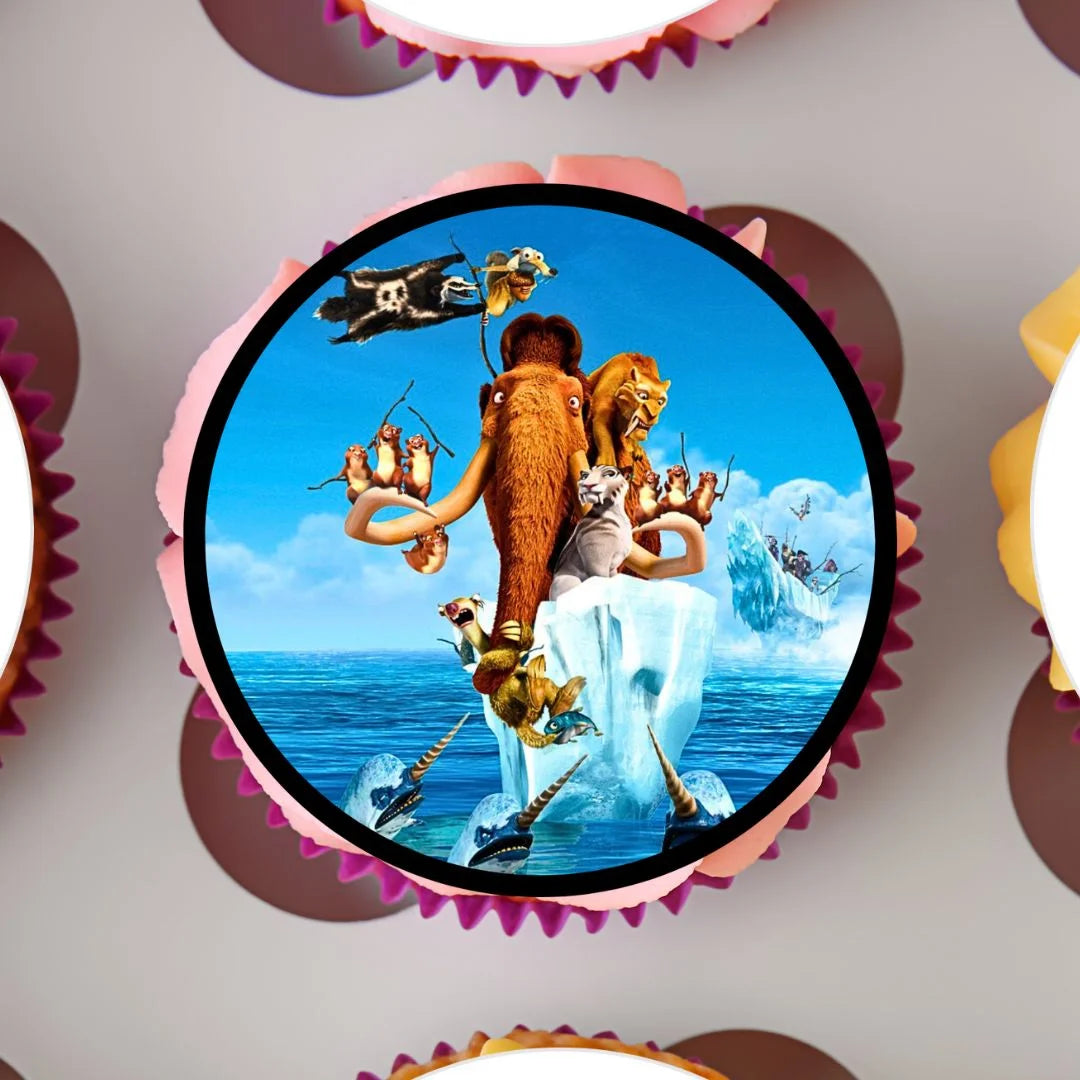 close up of Ice Age Theme Edible Cupcake Topper on a cupcake with pink frosting 