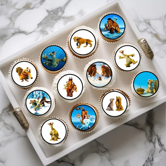 Ice Age Theme Edible Cupcake Toppers on chocolate cupcakes with white frosting 