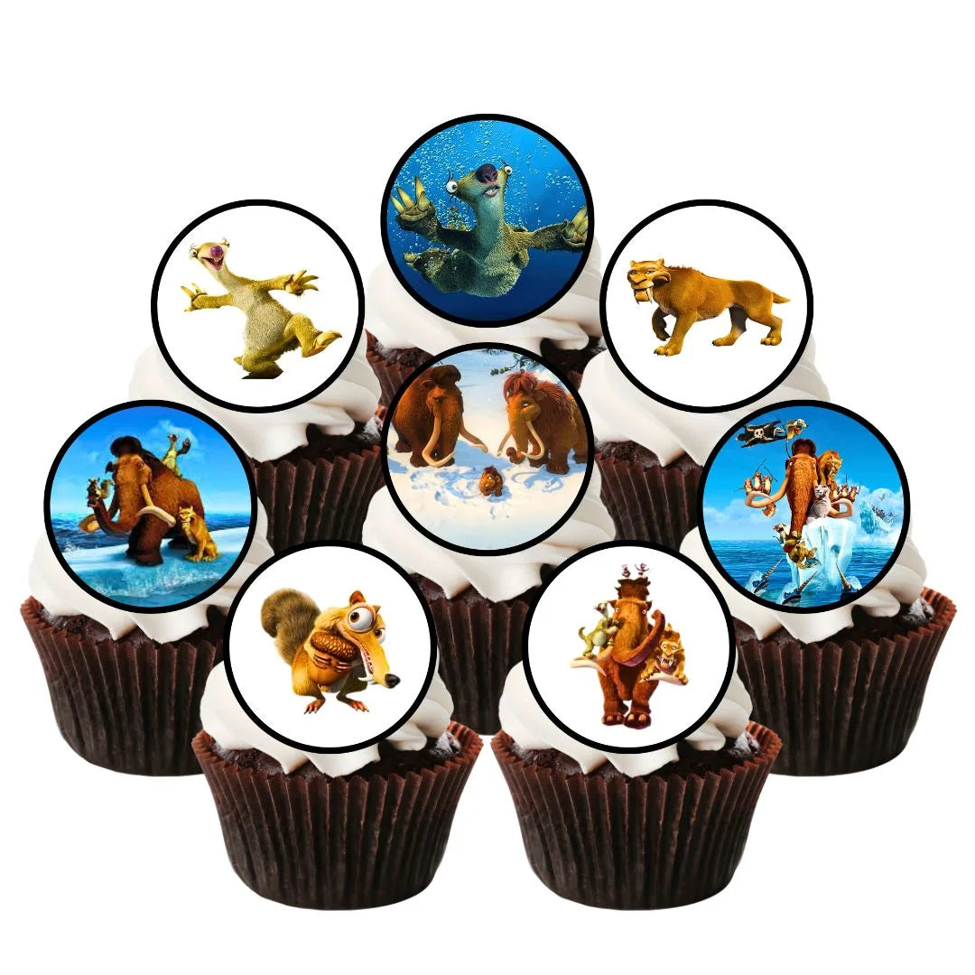 Ice Age Theme Edible Cupcake Toppers on chocolate cupcakes with white frosting 