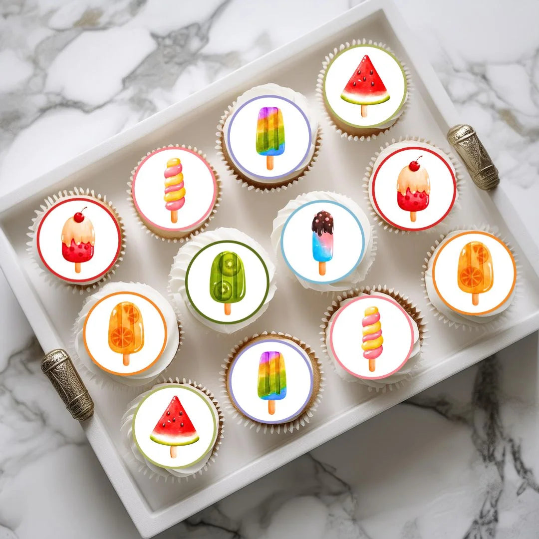 Ice Lolly Edible Cupcake Toppers on frosted cupcakes 