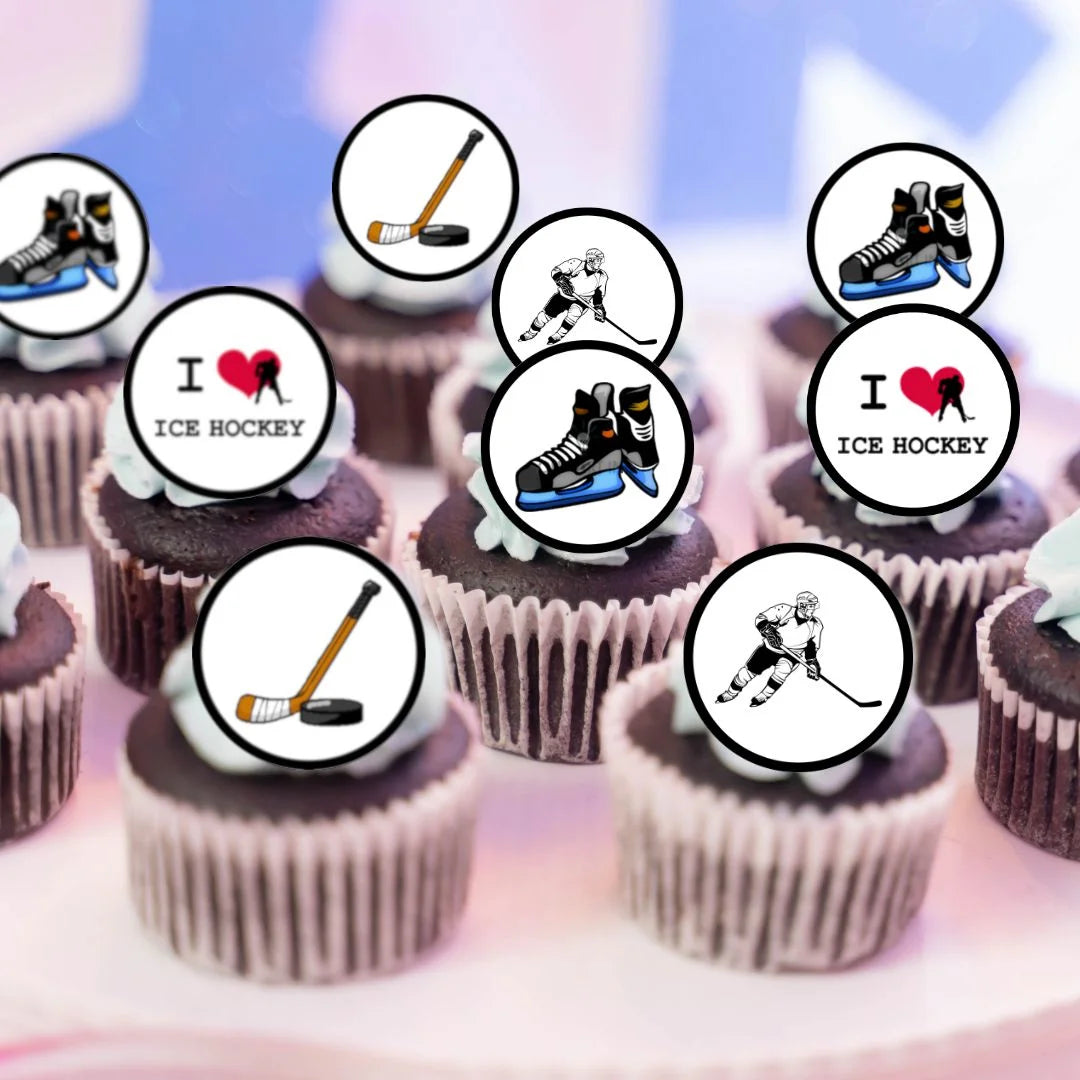 Ice Hockey Edible Cupcake Toppers on white frosted cupcakes 