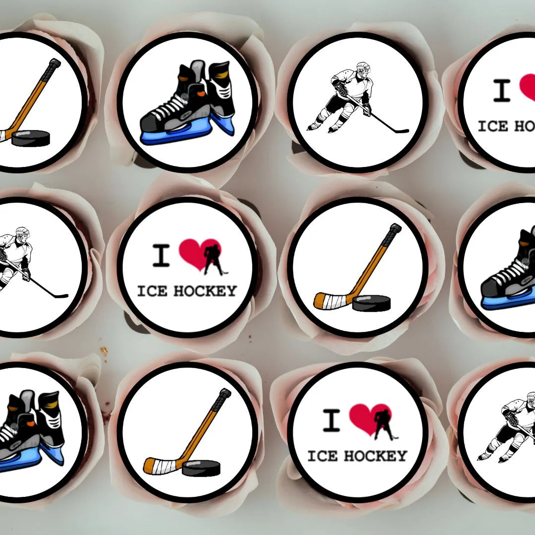 Ice Hockey Edible Cupcake Toppers on white frosted cupcakes 