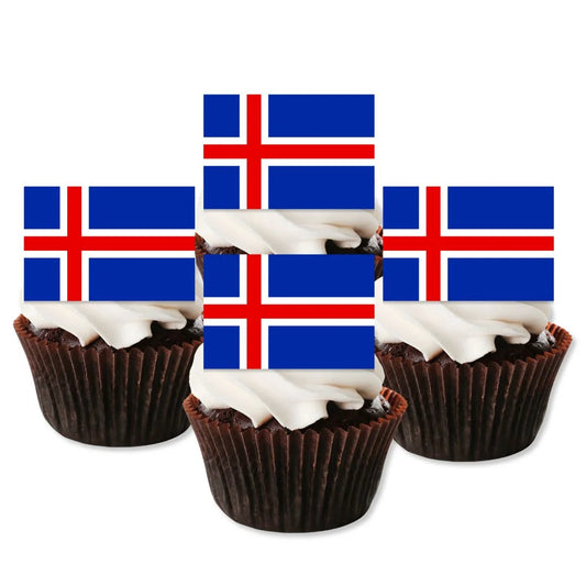 Iceland Flag Edible Cupcake Toppers on chocolate cupcakes with white frosting