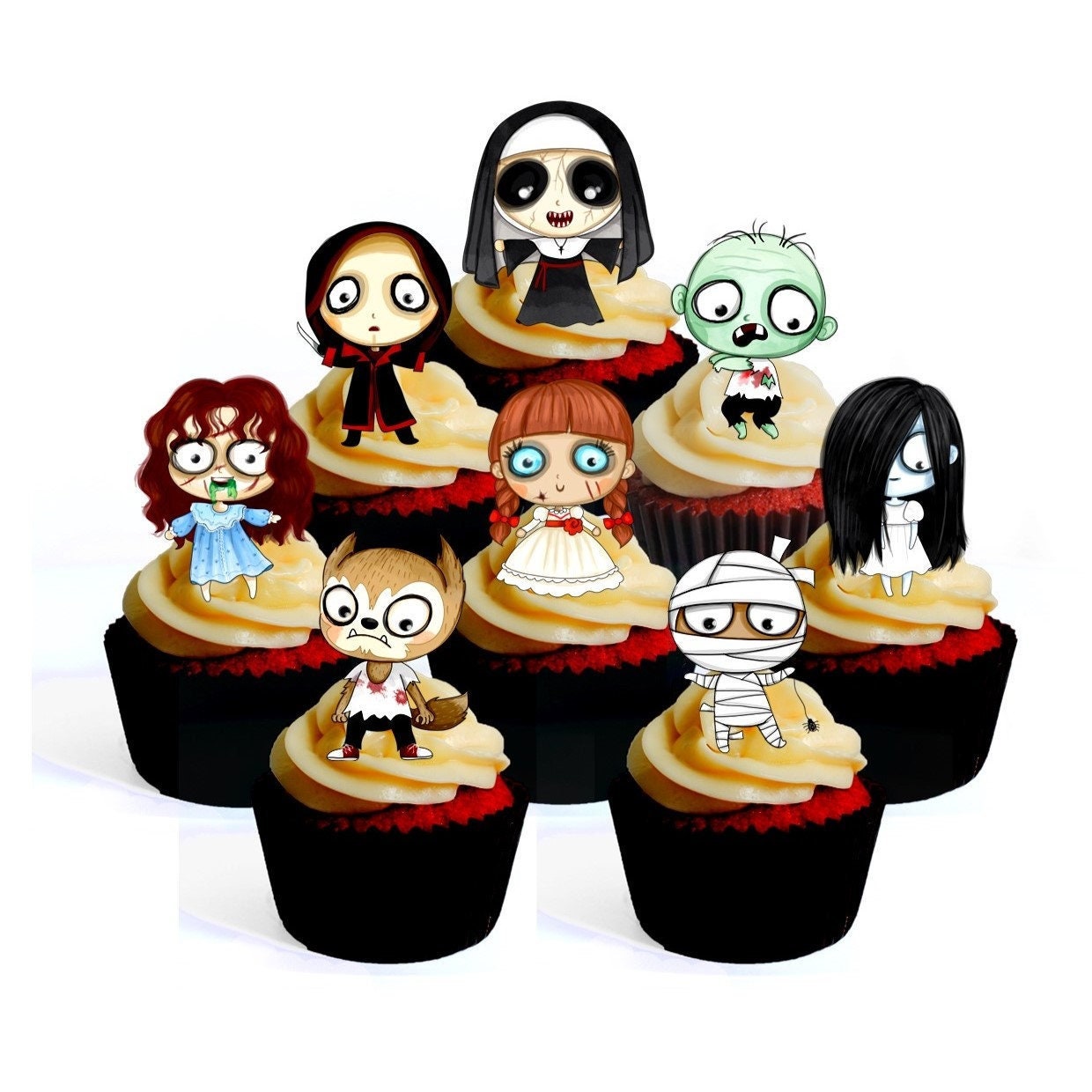 Halloween Horror Theme Edible Cupcake Toppers on chocolate cupcakes with white frosting 