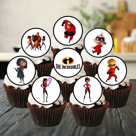 Incredible Theme Edible Cupcake Toppers on chocolate cupcakes with white frosting 