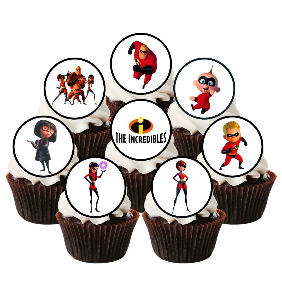 Incredible Theme Edible Cupcake Toppers on chocolate cupcakes with white frosting 