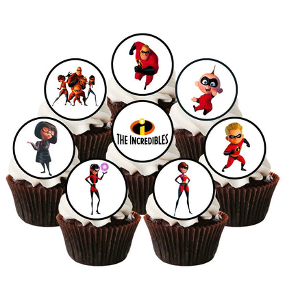 Incredible Theme Edible Cupcake Toppers on chocolate cupcakes with white frosting 