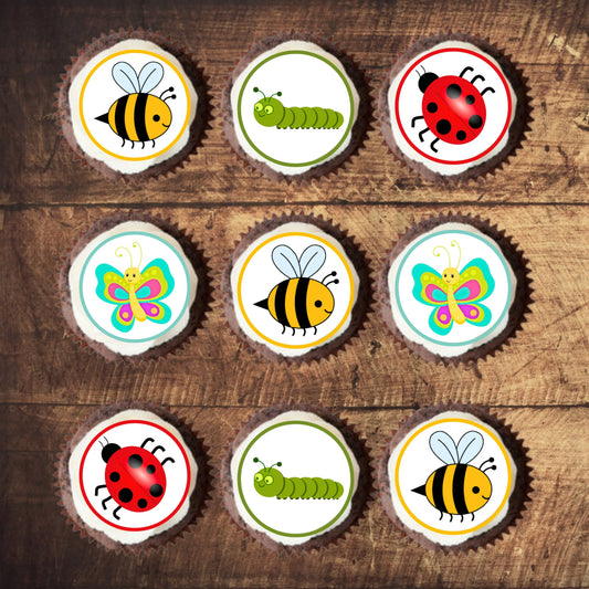 Insects Edible Cupcake Toppers on white frosted cupcakes 