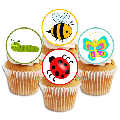 Insects Edible Cupcake Toppers on white frosted cupcakes 