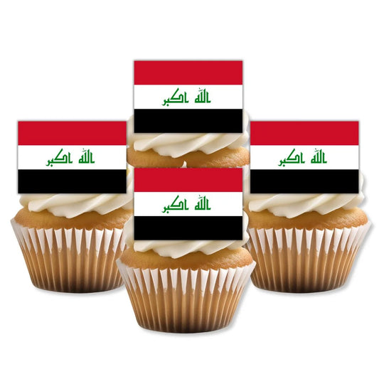 Iraq Flag Edible Cupcake Toppers on white frosted cupcakes 