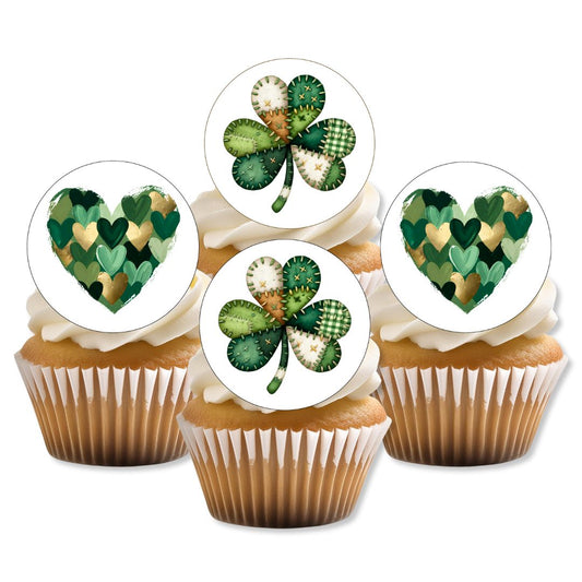 Cupcakes with green shamrock and heart designs on white background