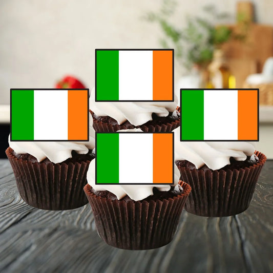 Ireland Flag Edible Cupcake Toppers on chocolate cupcakes with white frosting