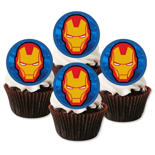 Iron Man Edible Cupcake Toppers on chocolate cupcakes with white frosting 