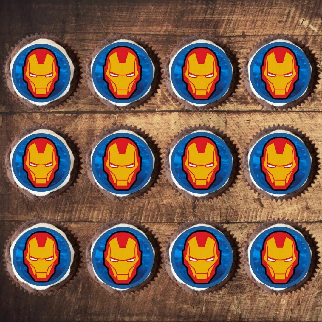 Iron Man Edible Cupcake Toppers on cupcakes with white frosting 