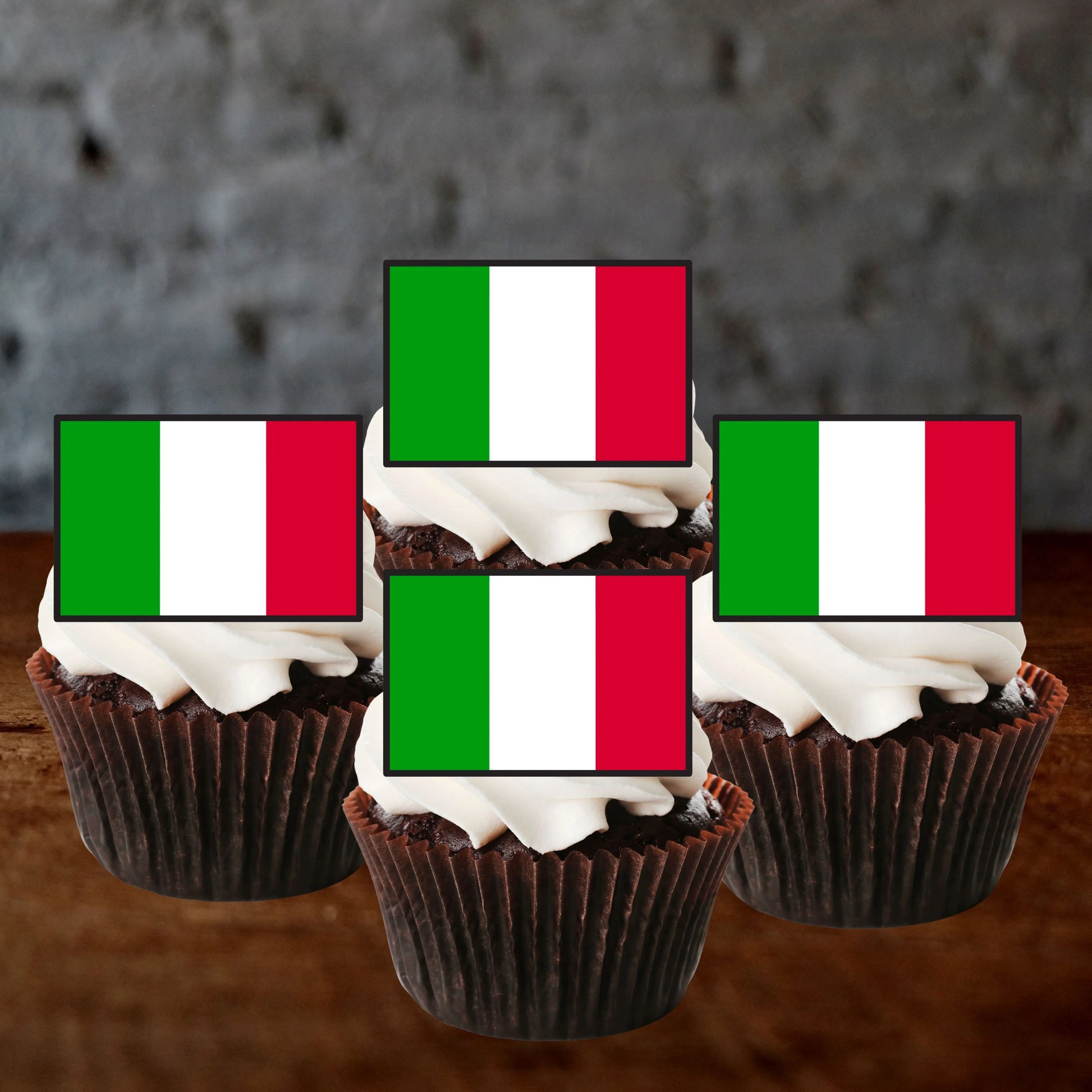 Italian Flag Edible Cupcake Toppers on sponge cupcakes with white icing 