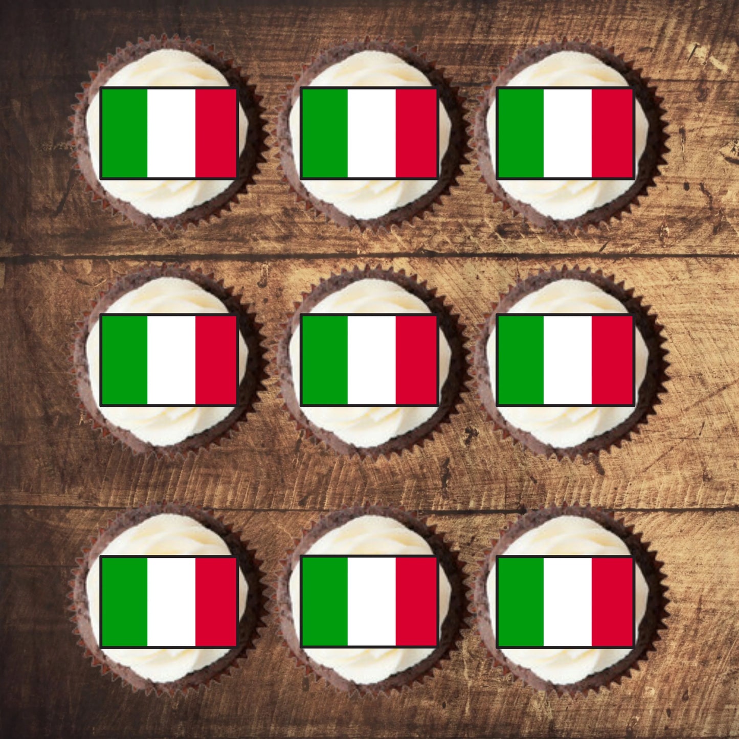 Italian Flag Edible Cupcake Toppers on sponge cupcakes with white icing 