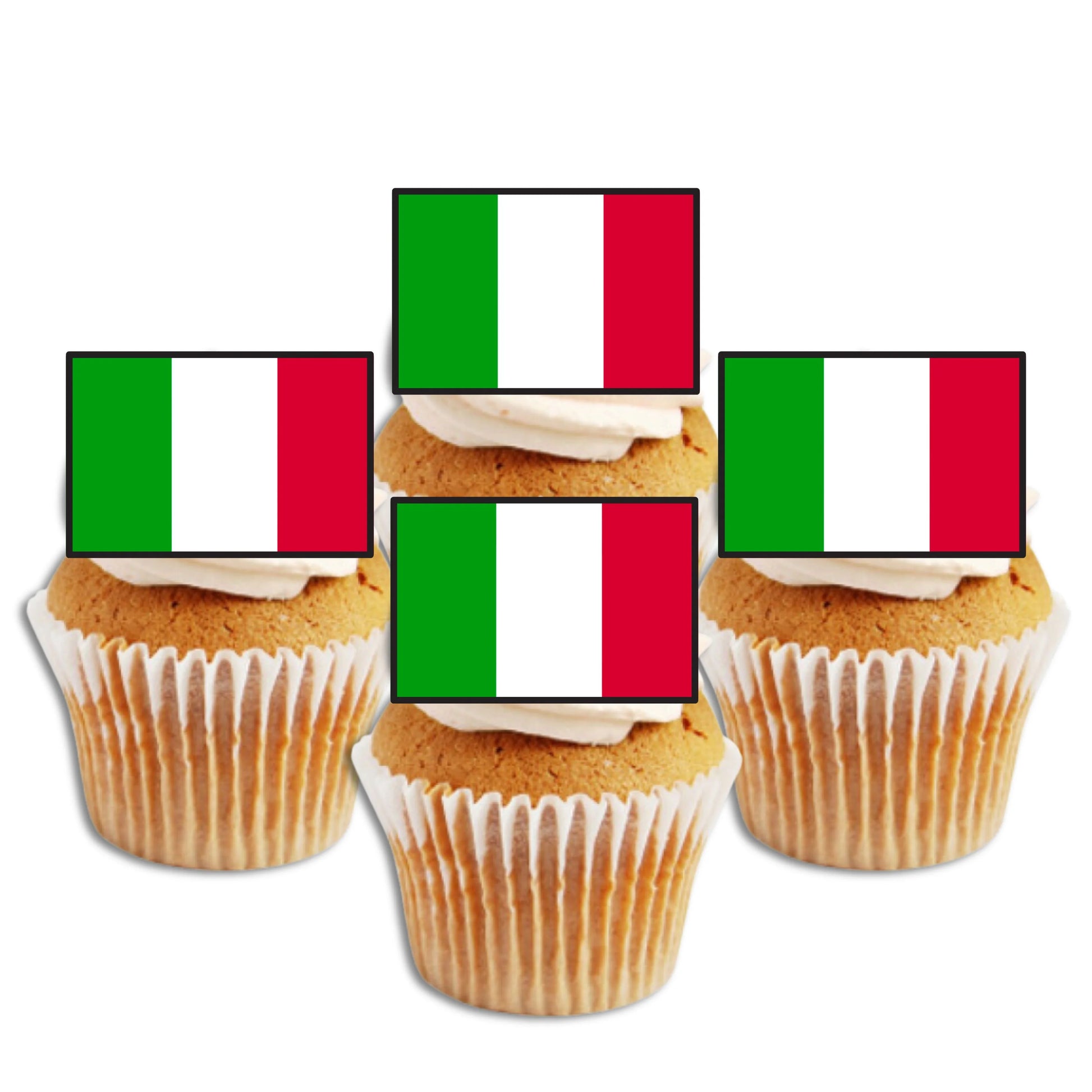 Italian Flag Edible Cupcake Toppers on sponge cupcakes with white icing 