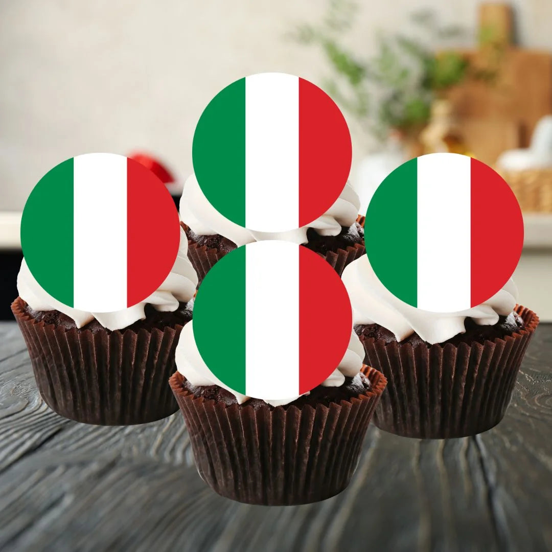 Italian Flag Round Edible Cupcake Toppers on chocolate cupcakes with white frosting 