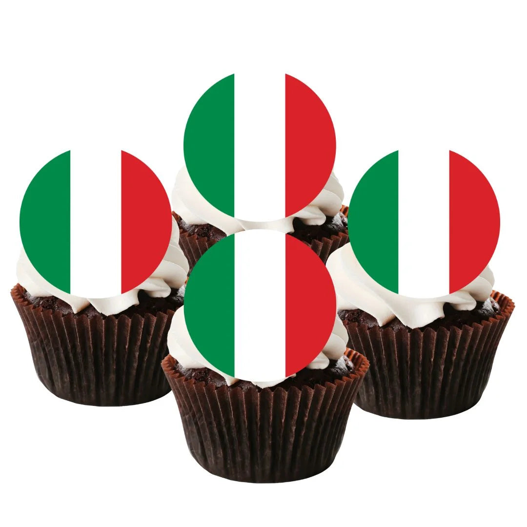 Italian Flag Round Edible Cupcake Toppers on chocolate cupcakes with white frosting 