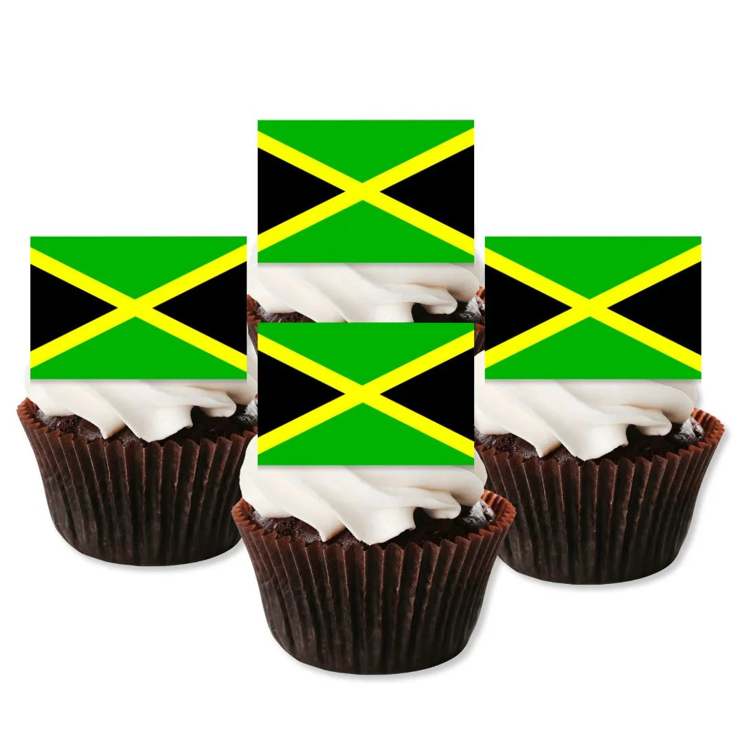 Jamaica Flag Edible Cupcake Toppers on chocolate cupcakes with white frosting 