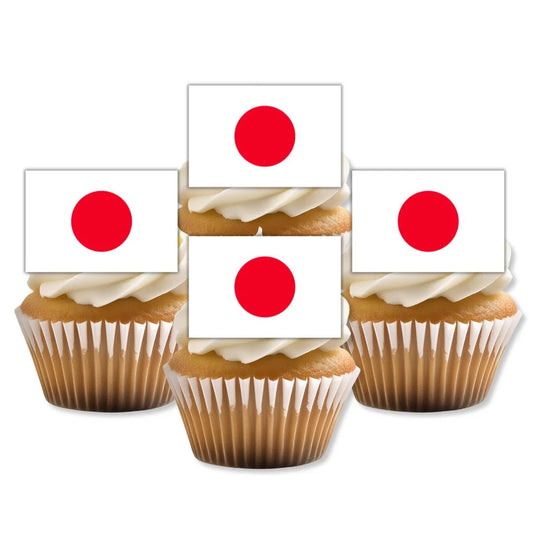 Japan Flag Edible Cupcake Toppers on white frosted cupcakes