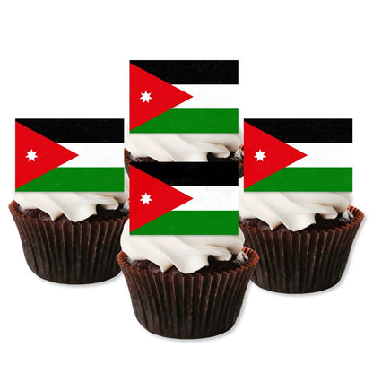 Jordan Flag Edible Cupcake Toppers on chocolate cupcakes with white frosting 