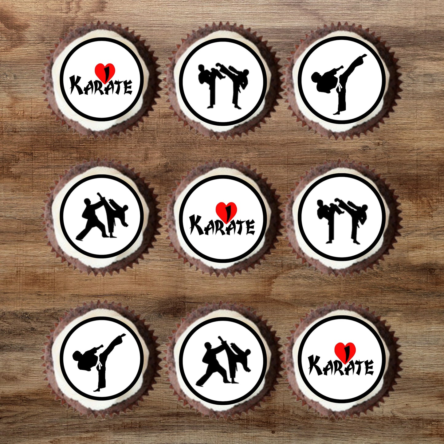 Karate Themed Cupcake Toppers on cupcakes with white frosting