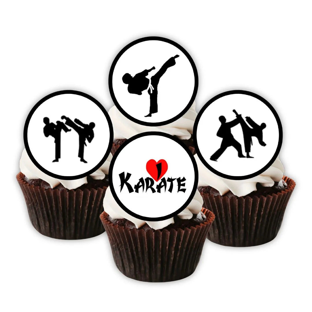 Karate Themed Cupcake Toppers on cupcakes with white frosting