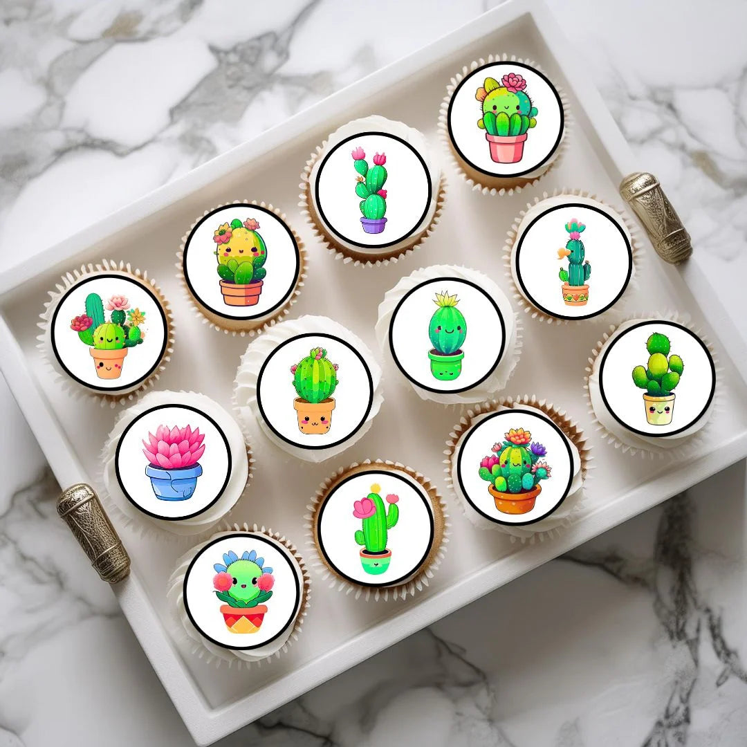 Kawaii Cactus Edible Cupcake Toppers on chocolate cupcakes with white frosting 