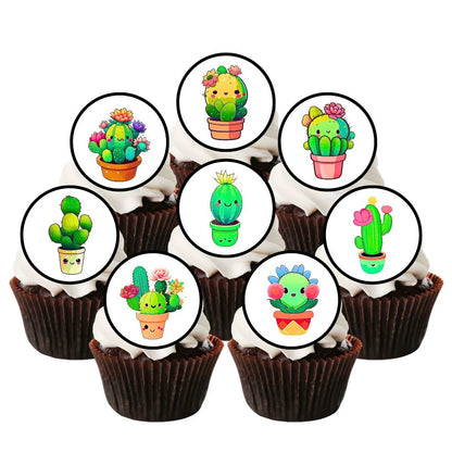 Kawaii Cactus Edible Cupcake Toppers on chocolate cupcakes with white frosting 