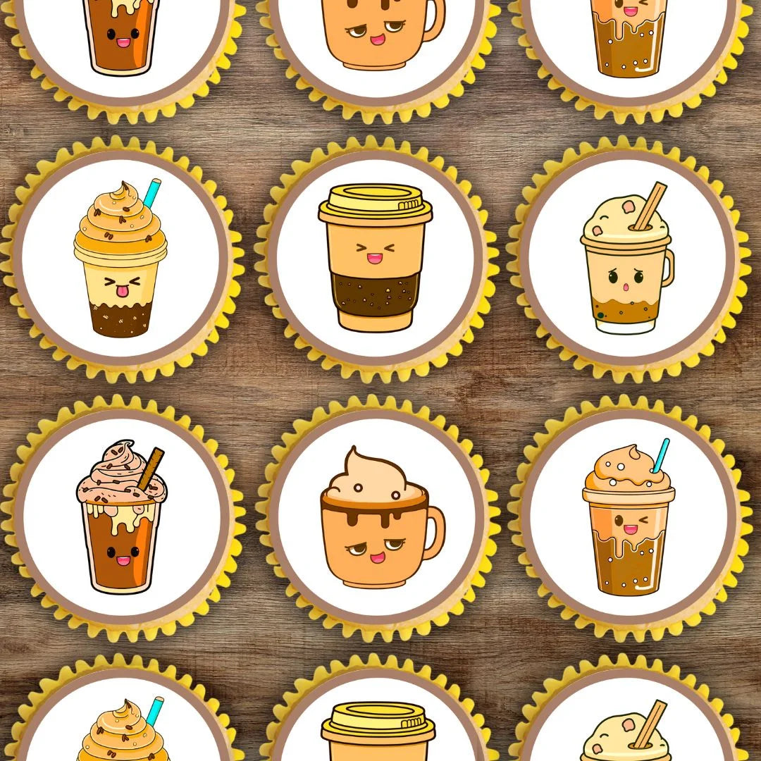 Kawaii Coffee Edible Cupcake Toppers on frosted cupcakes