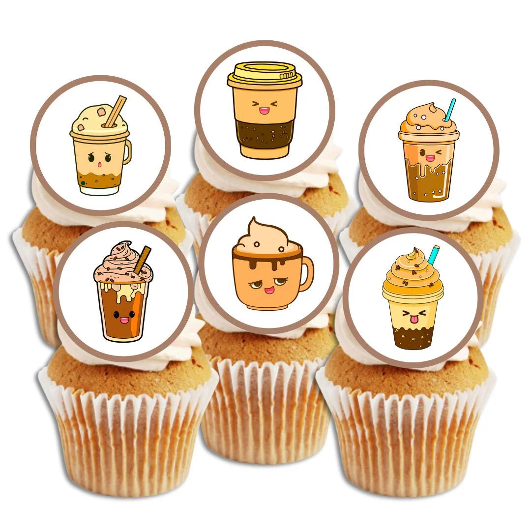 Kawaii Coffee Edible Cupcake Toppers featuring cute coffee illustrations on white frosted cupcakes