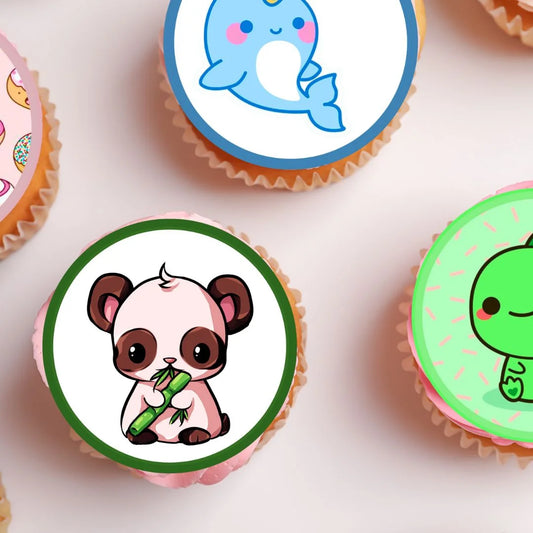 Kawaii Edible Cupcake Toppers on white frosted cupcakes 