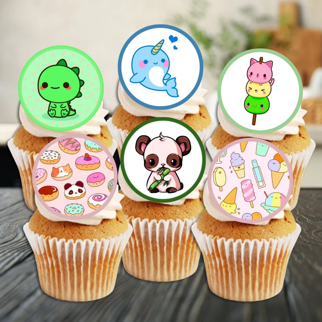 Kawaii Edible Cupcake Toppers on white frosted cupcakes 