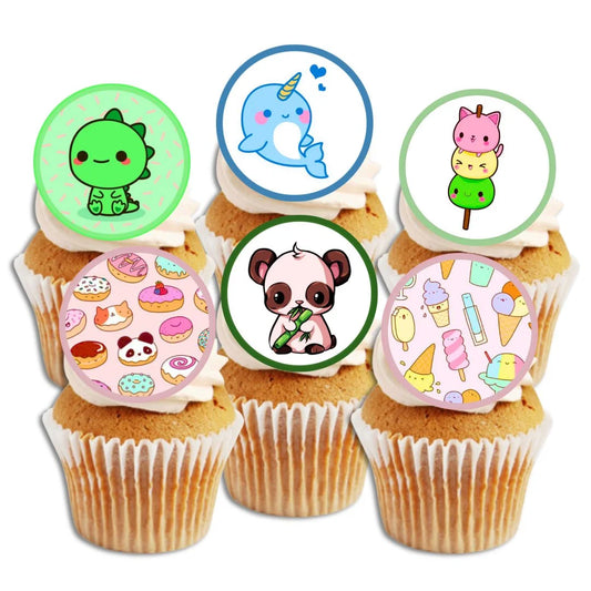 Kawaii Edible Cupcake Toppers on white frosted cupcakes 