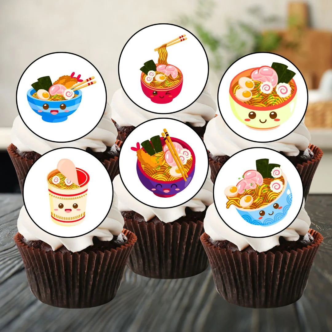 Kawaii Ramen Edible Cupcake Toppers on chocolate cupcakes with white frosting 