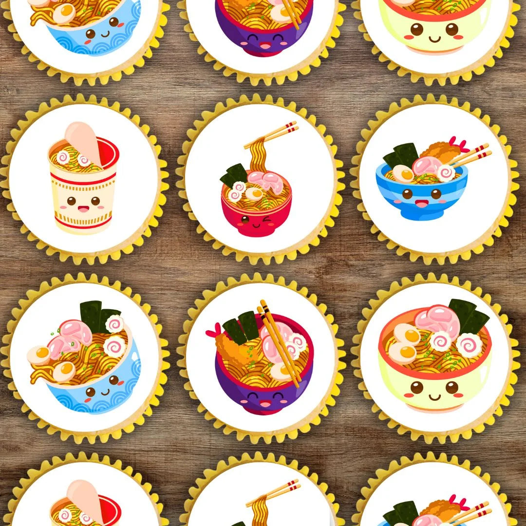 Kawaii Ramen Edible Cupcake Toppers on cupcakes with white frosting 