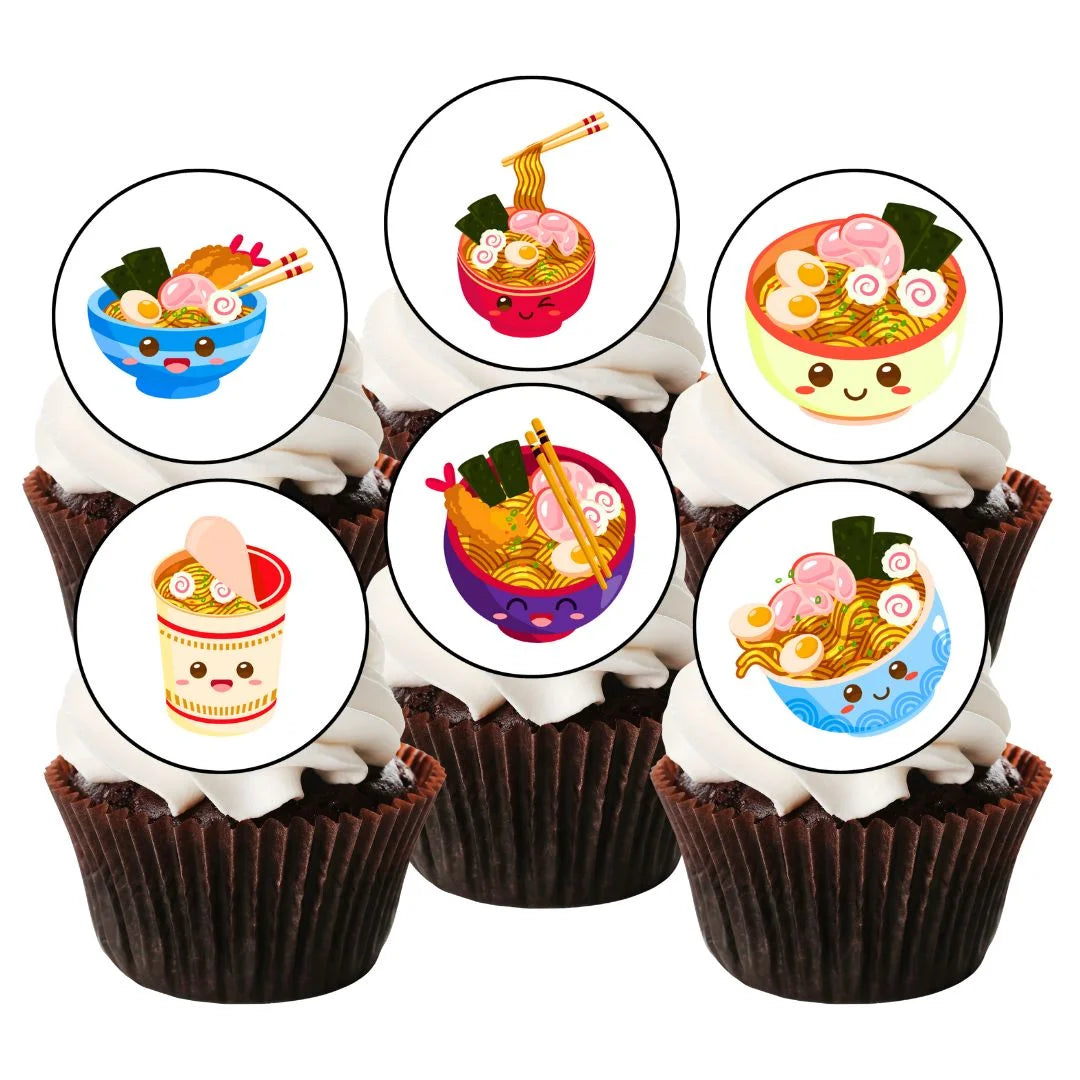 Kawaii Ramen Edible Cupcake Toppers on chocolate cupcakes with white frosting 