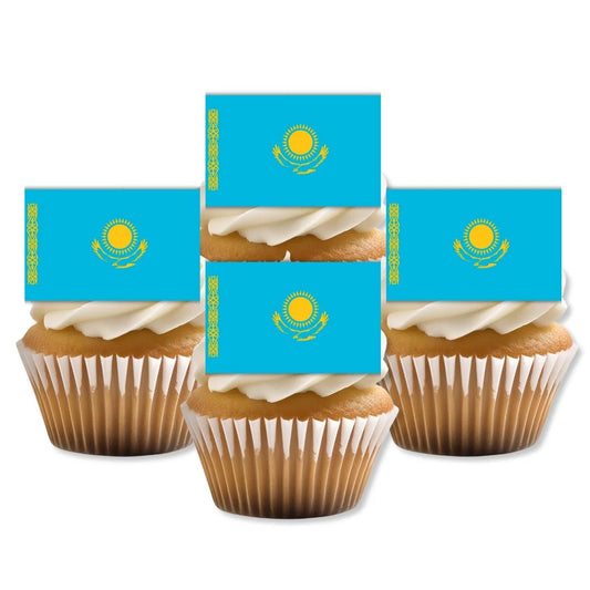 Kazakhstan Flag Edible Cupcake Toppers on white frosted cupcakes 